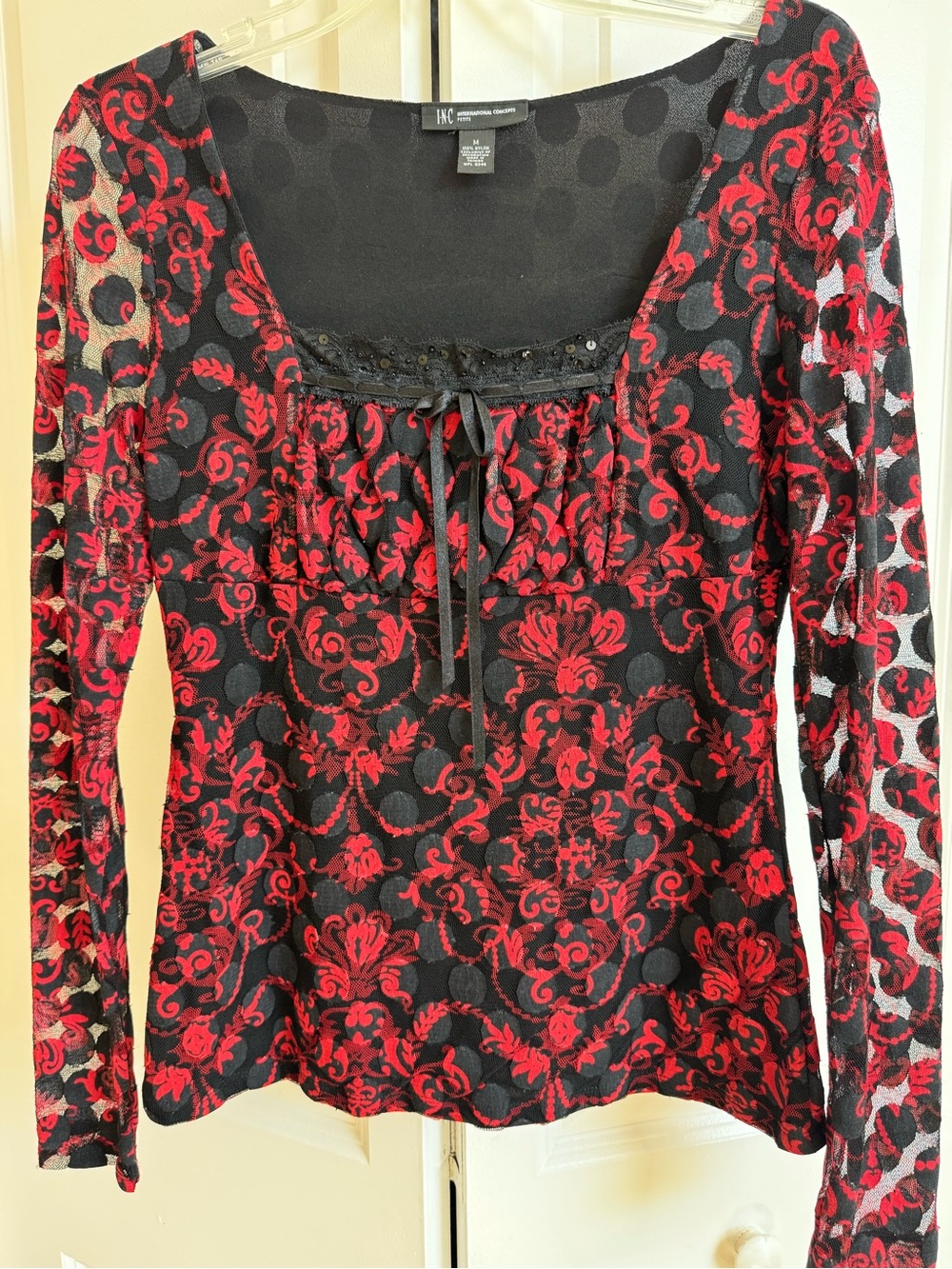 INC International Concepts Black Top with Red Lace Overlay and Scoop Tie